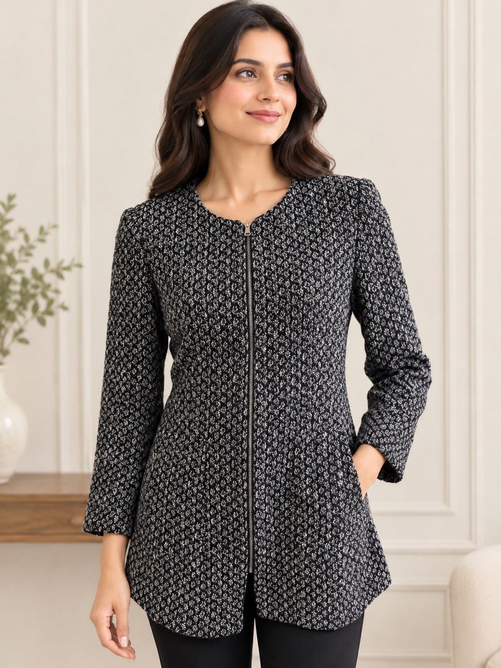 ZARA Tweed Jacket Blazer Full Zip Lined Womens Size Small Black White Office